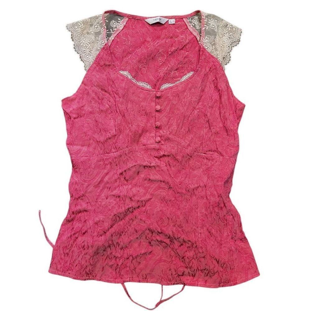 Vintage Next Blouse Women's Small Pink Lace Cap Sleeve Fairy Y2K Brocade Lace Up